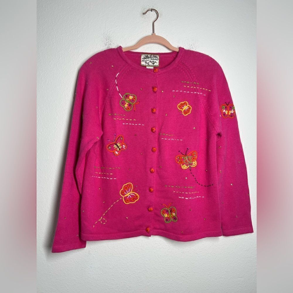Vintage Y2K Hot Pink Butterfly Embroidered Sequin Cardigan Womens Size Large